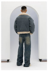 Unisex Vintage Faux Shearling Denim Puffer