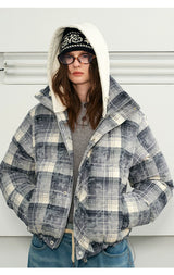 Detachable Hooded Plaid Puffer Coat