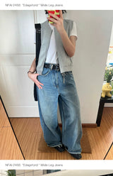 Wide Leg Cuffed Washed Jeans