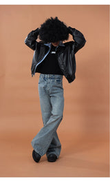 Black Shirt-Collared Faux Leather Moto Jacket