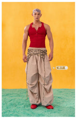 Red White Button Slit Sports Vest