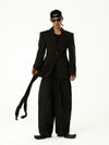 Black Wool Ribbon Pleated Waist-Tailored Blazer