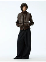 Cropped Double Zipper Waxed Leather Jacket