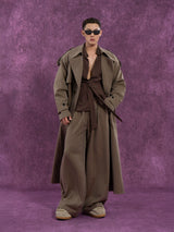 Belted Vintage Taupe Striped Cape Coat