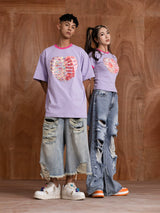 Oversized Embroidered Purple Heart Skeleton Tee