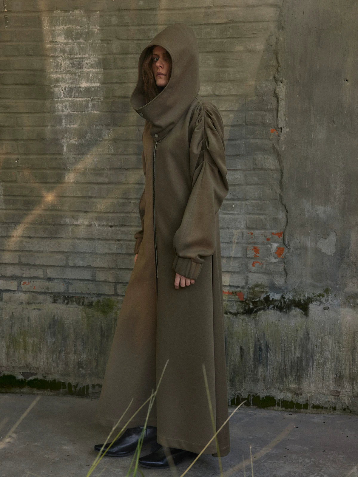 Unisex Hooded Ruched-Waist Cape Coat