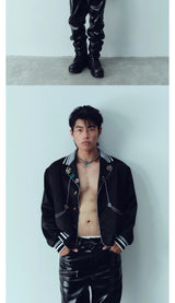 Ribbed Collar Shell Button Acetate Jacket