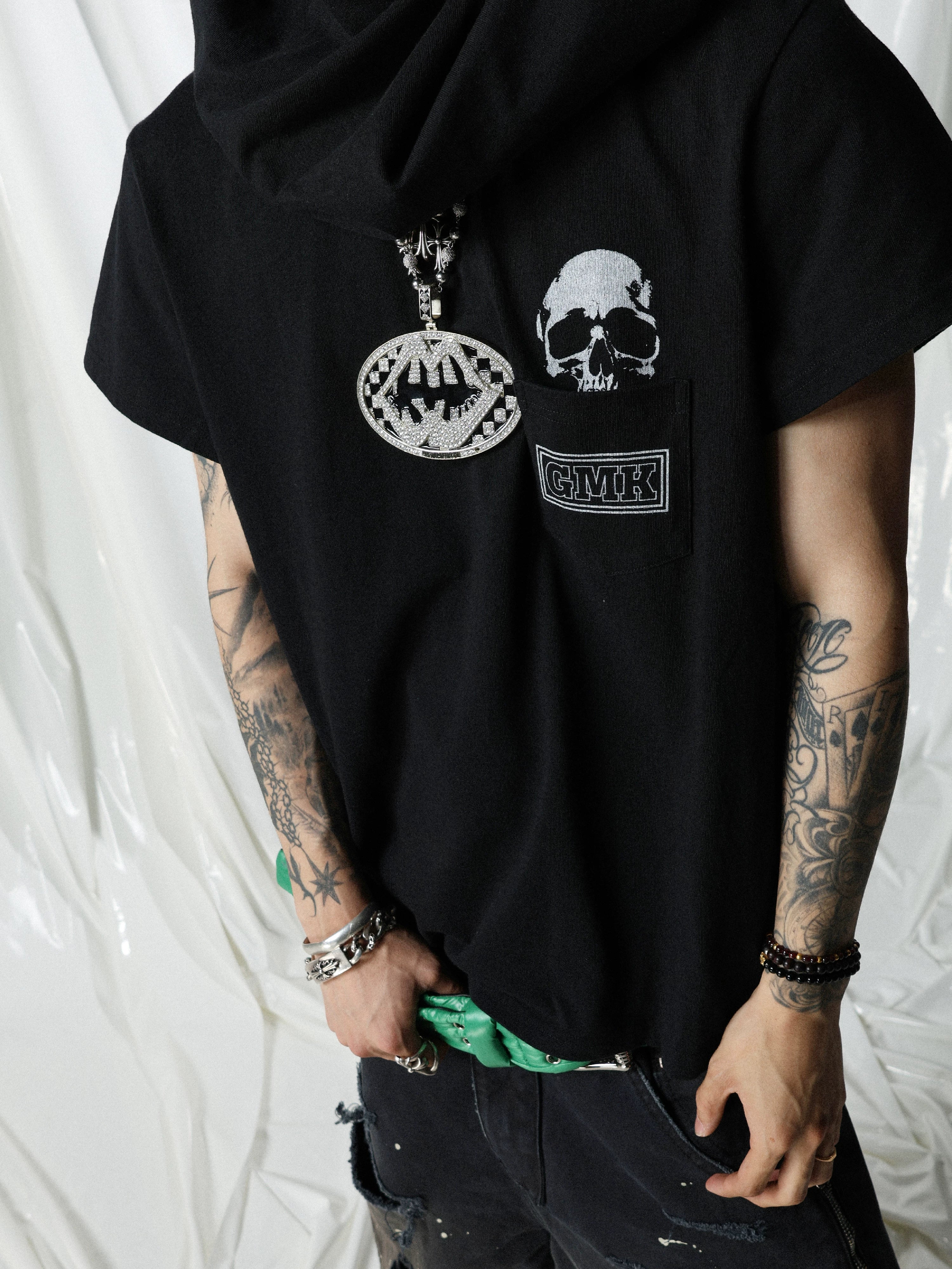 Black Skull Print Pocket Tee