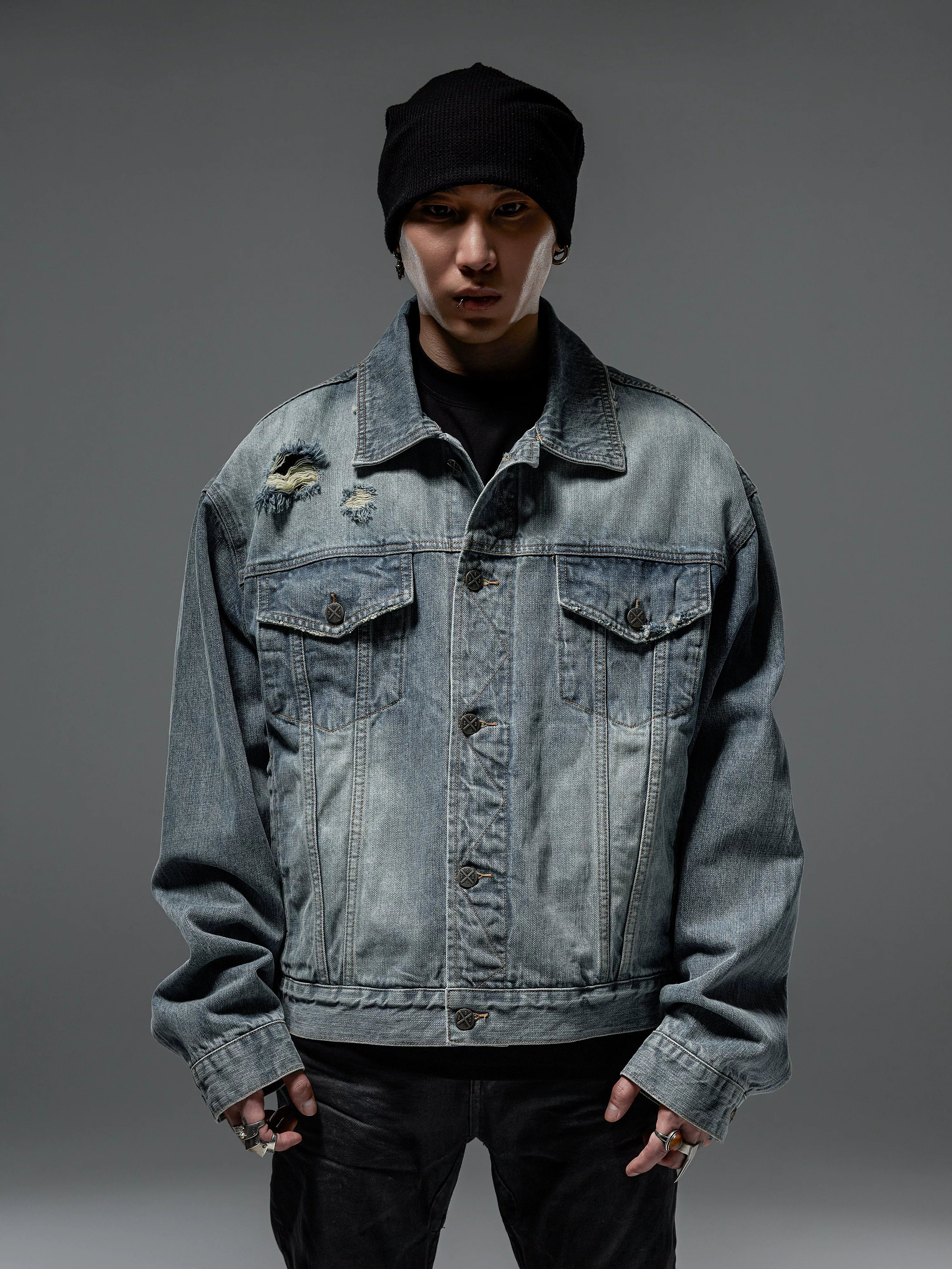 Loose Vintage Blue Distressed Denim Jacket