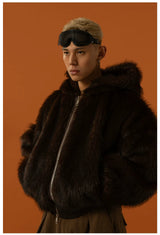 Black Red Hooded Faux Fur Coat