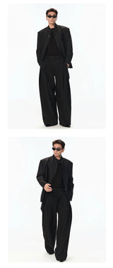 Black Striped Wool Stand Collar Blazer