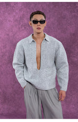 Long Charcoal V Neck Wool Sweater