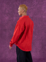 Red Oversized Collared Long Sleeve Shirt