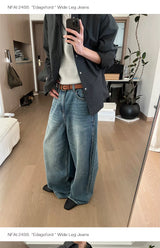 Wide Leg Cuffed Washed Jeans