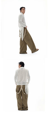 Hollow-out Long-sleeve Polo Shirt