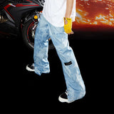 Asymmetric Tie-dye Washed Blue Flare Jeans