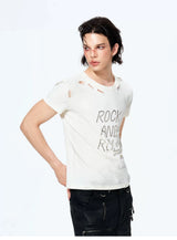 Unisex Rivet Letter Washed Distressed Tees