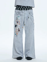 Flared Digital Print Double Waistband Sweatpants