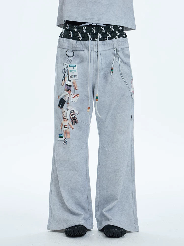 Flared Digital Print Double Waistband Sweatpants