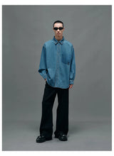 Washed Blue Oversized Embroidered Denim Shirt