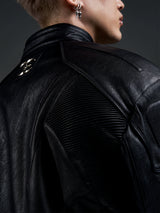 Dark Zip-Up Padded Biker Leather Jacket
