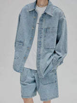 14Oz Washed Denim Asymmetric-Pocket Shirt Jacket