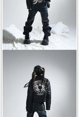 Dark Blue Whiskered Leather Straight-Leg Jeans