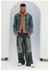 Unisex Vintage Faux Shearling Denim Puffer