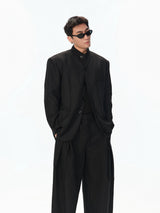 Black Striped Wool Stand Collar Blazer