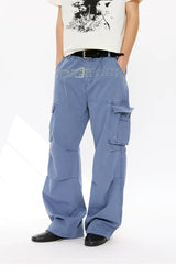 Washed Printed French Blue Cargo Pants
