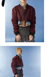 Cropped Two-Piece Maroon Denim Bomber Jacket