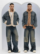 Unisex Vintage Faux Shearling Denim Puffer