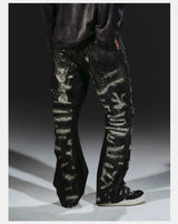 Heavyweight Distressed Embroidered Patchwork Flared Jeans