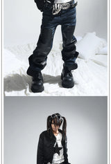 Dark Blue Whiskered Leather Straight-Leg Jeans