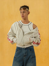 Heather Gray Striped Off-Shoulder Zip-Up Sweatshirt