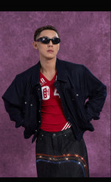 Men's Navy Padded Cropped Denim Jacket