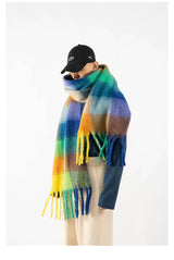 Fringed Rainbow Plaid Faux Cashmere Scarf