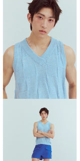 Blue Checkered Lace V-neck Cashmere Vest