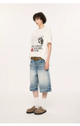 Whisker Wash Button Denim Shorts