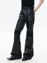 Black Zipped Coated Flared Leather Pants