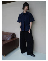 Short Sleeve Bubble Pleat Drawstring Shirt