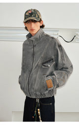 Men's Washed Denim Stand Collar Jacket