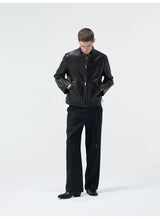 Short Stand Collar Cowhide Leather Jacket