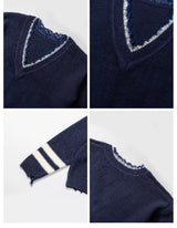 Distressed Striped Lace V-Neck Wool Sweater