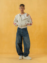 Heather Gray Striped Off-Shoulder Zip-Up Sweatshirt