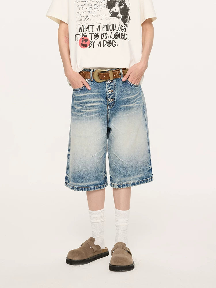 Whisker Wash Button Denim Shorts
