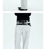 White Double Waistband Studded Straight Jeans