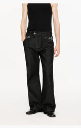 Washed Color-Blocked Floral Jacquard Flare Jeans