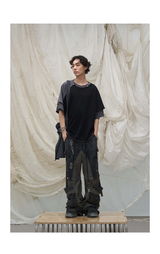 Detachable Hood Color Block Washed Tee