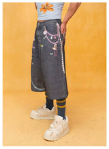 Unisex Blue Chain Print Cropped Jeans